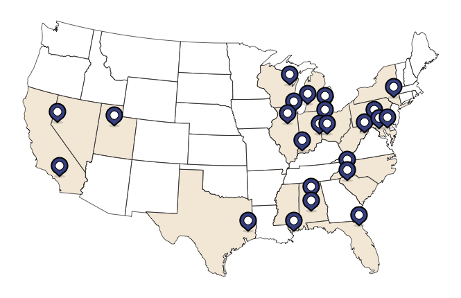 map of the United States with pin drops calling out different areas of the country